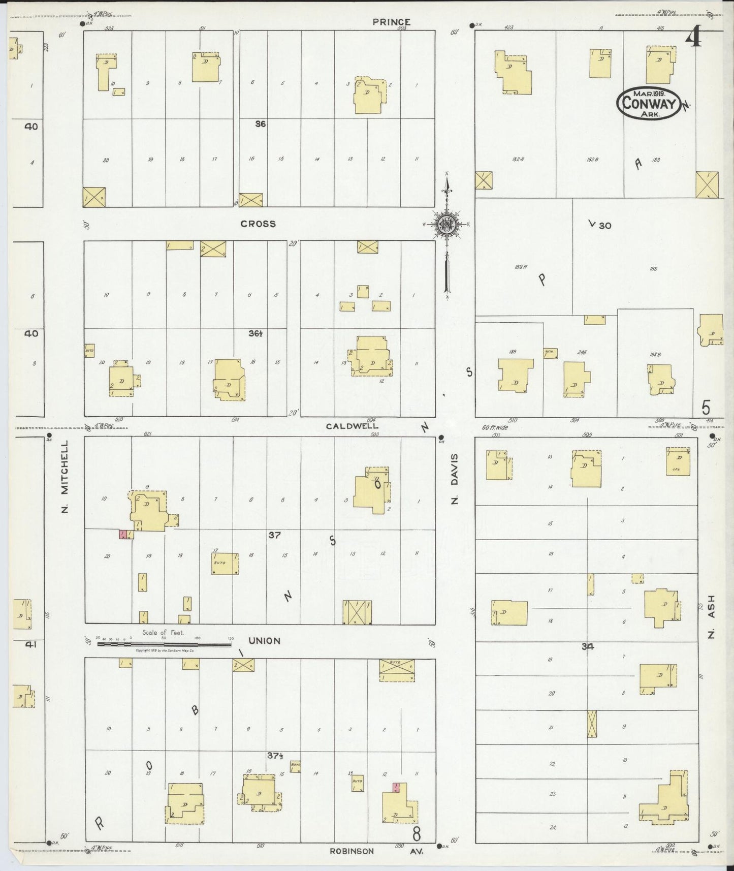 Sanborn Fire Insurance Map from Conway, Faulkner County, Arkansas (1919), Sheet #0004 - Historic Sanborn Fire Insurance Map Print, vintage old map wall art, antique decor, genealogy gift, Arkansas Arkansas map