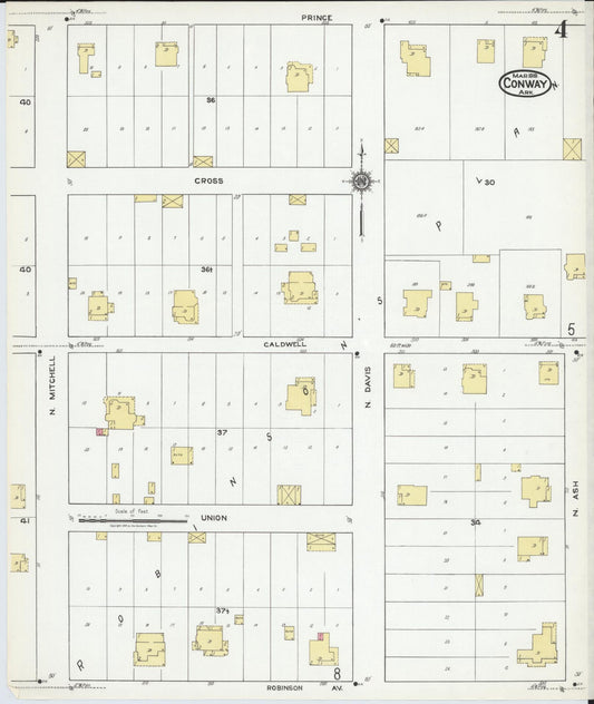 Sanborn Fire Insurance Map from Conway, Faulkner County, Arkansas (1919), Sheet #0004 - Historic Sanborn Fire Insurance Map Print, vintage old map wall art, antique decor, genealogy gift, Arkansas Arkansas map