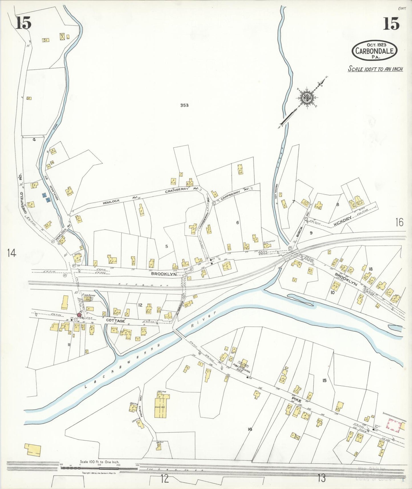 Sanborn Fire Insurance Map from Carbondale, Lackawanna County, Pennsylvania (1923), Sheet #0015 - Historic Sanborn Fire Insurance Map Print, vintage old map wall art, antique decor, genealogy gift, Pennsylvania Pennsylvania map