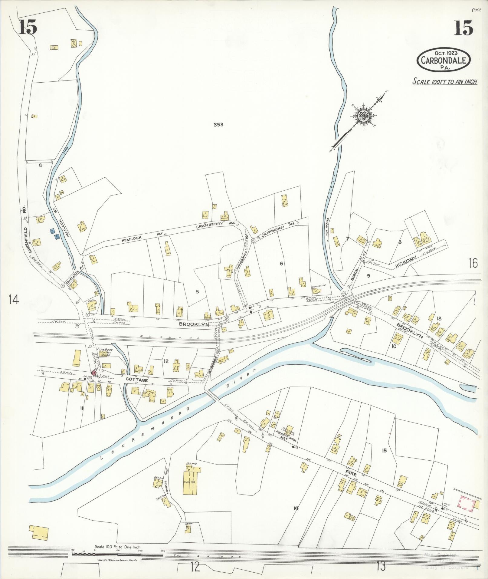 Sanborn Fire Insurance Map from Carbondale, Lackawanna County, Pennsylvania (1923), Sheet #0015 - Historic Sanborn Fire Insurance Map Print, vintage old map wall art, antique decor, genealogy gift, Pennsylvania Pennsylvania map