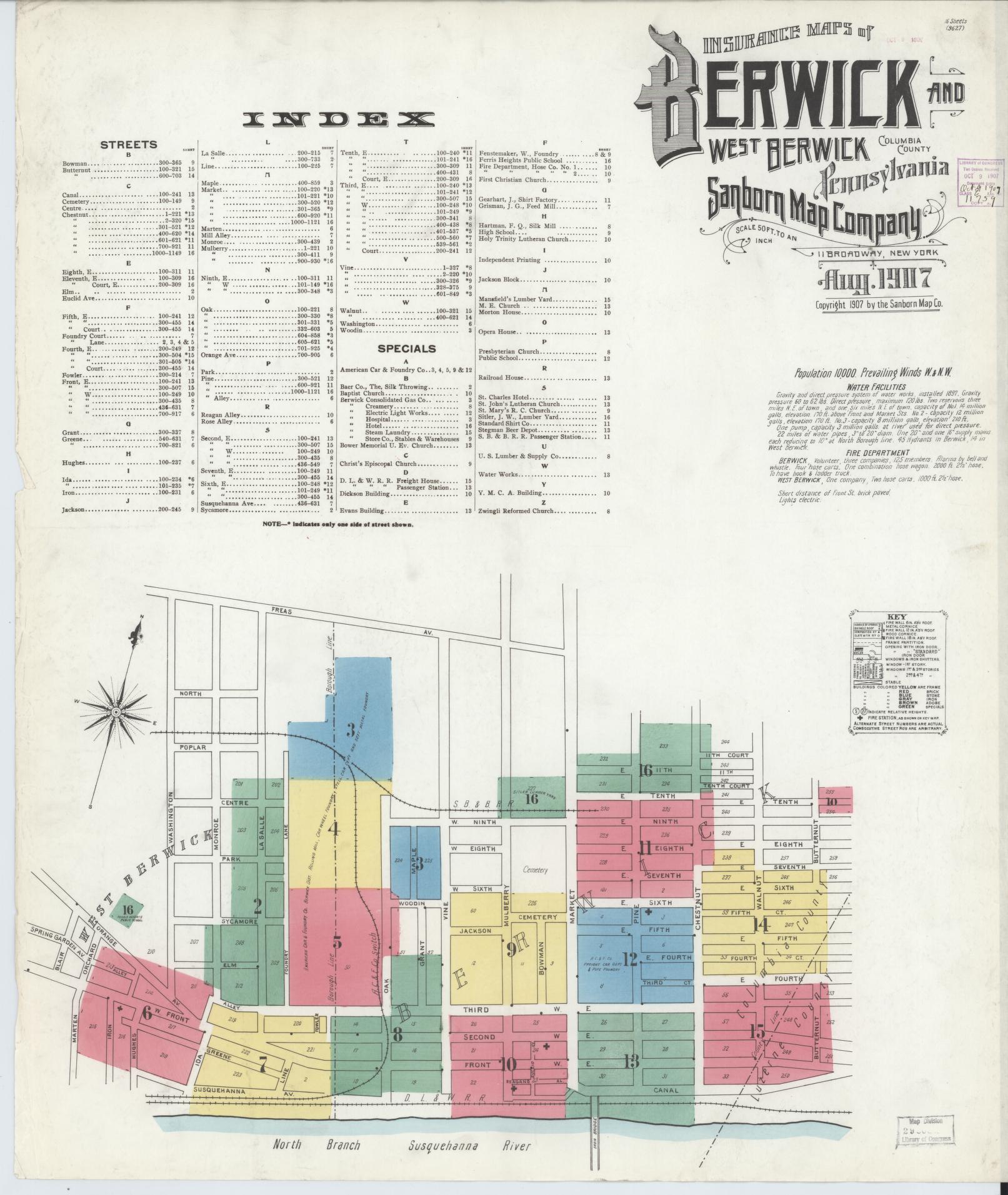 Sanborn Fire Insurance Map from Berwick, Columbia County, Pennsylvania (1907), Sheet #0001 - Historic Sanborn Fire Insurance Map Print, vintage old map wall art, antique decor, genealogy gift, Pennsylvania Pennsylvania map