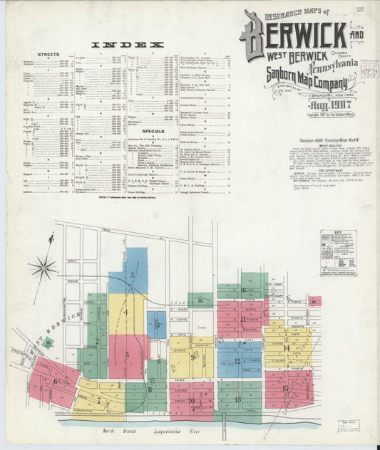 Sanborn Fire Insurance Map from Berwick, Columbia County, Pennsylvania (1907), Sheet #0001 - Historic Sanborn Fire Insurance Map Print, vintage old map wall art, antique decor, genealogy gift, Pennsylvania Pennsylvania map
