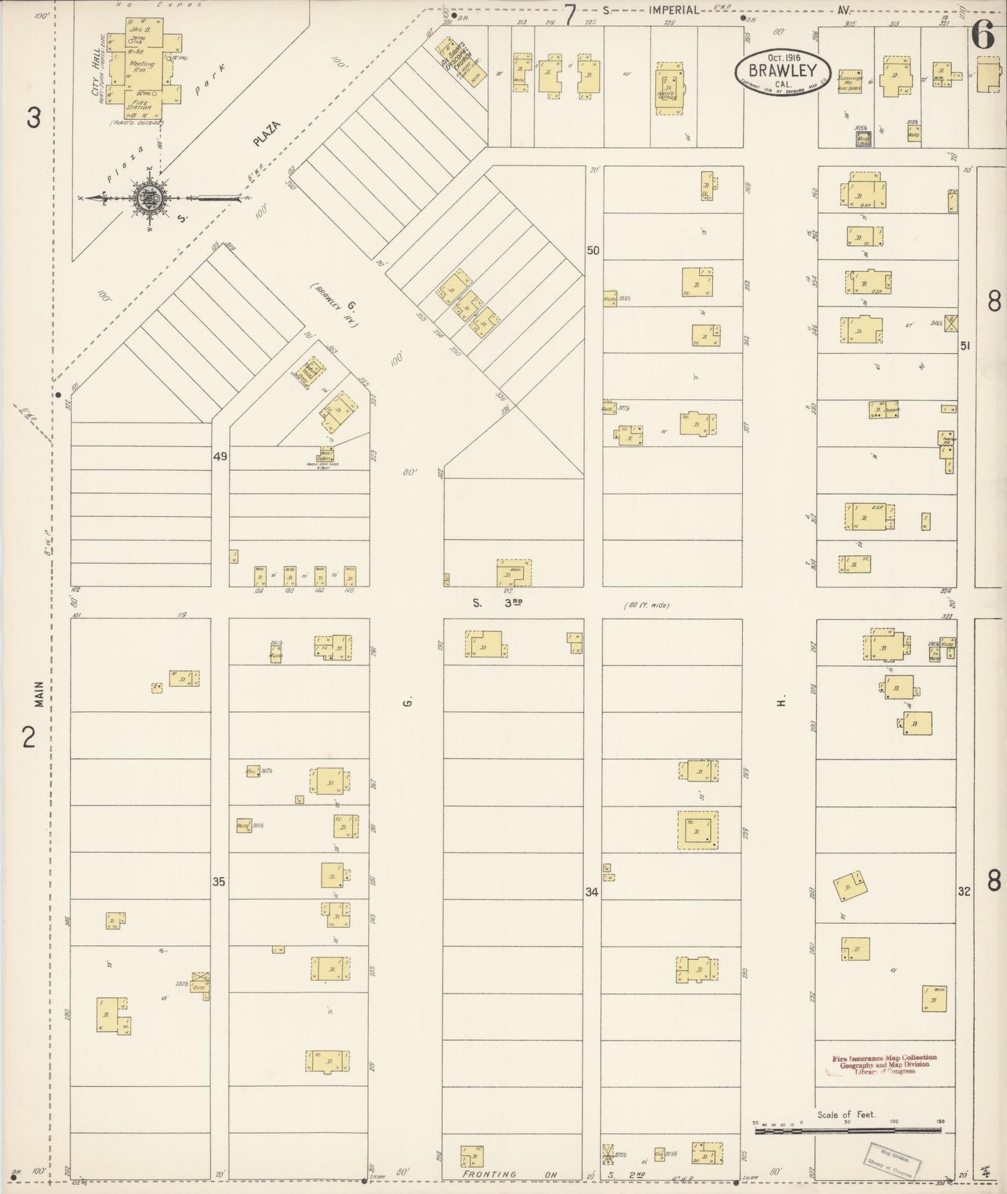 Sanborn Fire Insurance Map from Brawley, Imperial County, California (1916), Sheet #0006 - Historic Sanborn Fire Insurance Map Print, vintage old map wall art, antique decor, genealogy gift, California California map