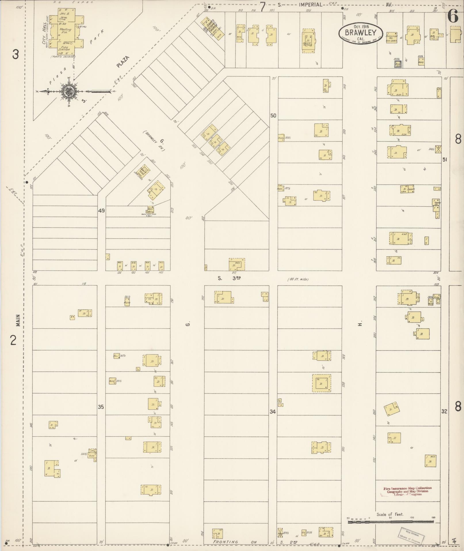 Sanborn Fire Insurance Map from Brawley, Imperial County, California (1916), Sheet #0006 - Historic Sanborn Fire Insurance Map Print, vintage old map wall art, antique decor, genealogy gift, California California map