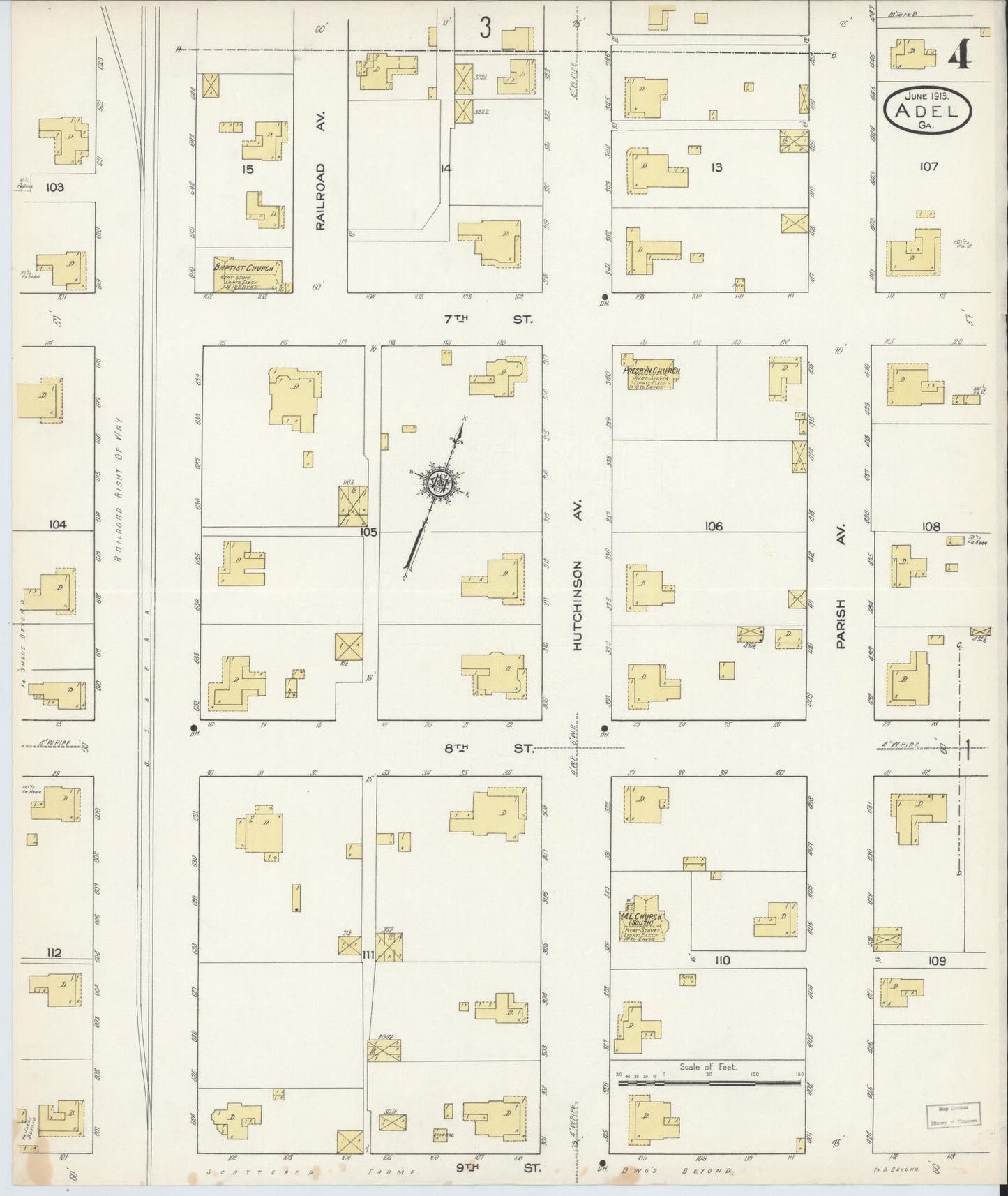 Sanborn Fire Insurance Map from Adel, Cook County, Georgia (1913), Sheet #0004 - Historic Sanborn Fire Insurance Map Print, vintage old map wall art, antique decor, genealogy gift, Georgia Georgia map