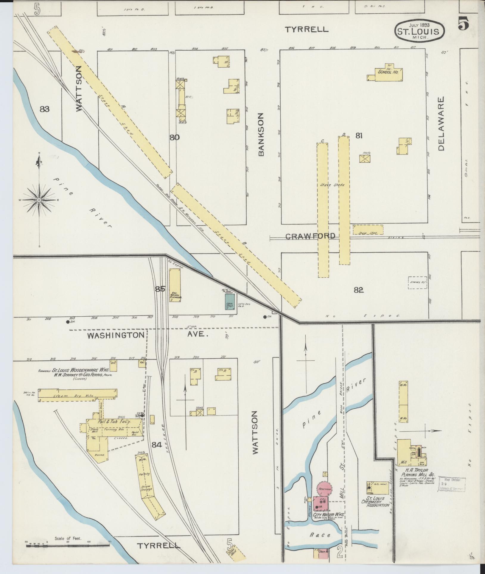 Sanborn Fire Insurance Map from Saint Louis, Gratiot County, Michigan (1893), Sheet #0005 - Complete Map Set gallery image, historic Sanborn map, vintage wall art, Michigan Michigan