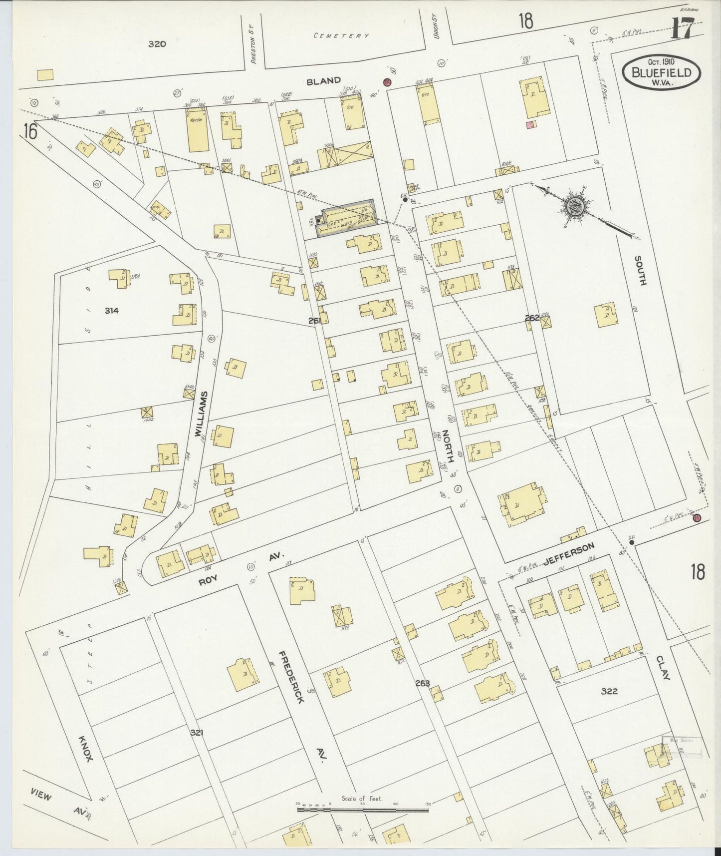 Sanborn Fire Insurance Map from Bluefield, Mercer County, West Virginia (1910), Sheet #0017 - Historic Sanborn Fire Insurance Map Print, vintage old map wall art, antique decor, genealogy gift, West Virginia West Virginia map