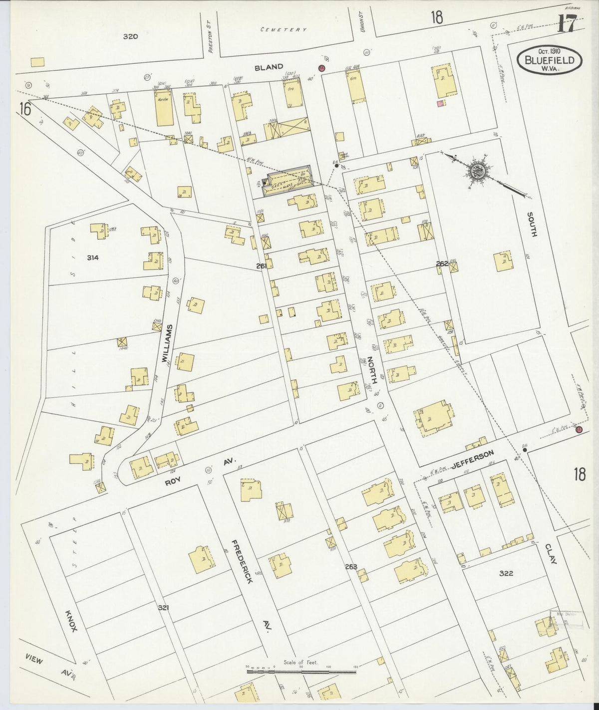 Sanborn Fire Insurance Map from Bluefield, Mercer County, West Virginia (1910), Sheet #0017 - Historic Sanborn Fire Insurance Map Print, vintage old map wall art, antique decor, genealogy gift, West Virginia West Virginia map