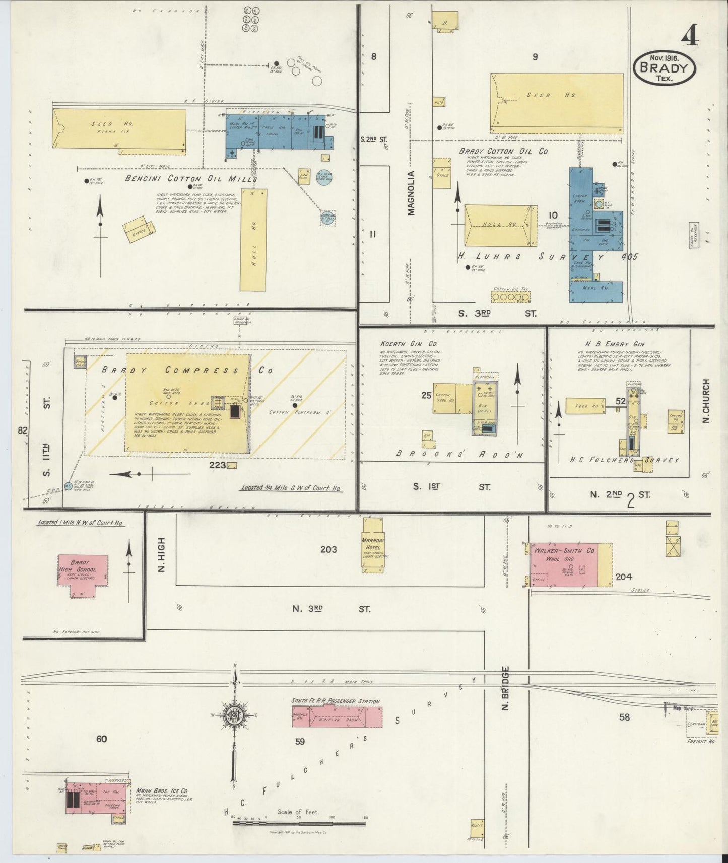 Sanborn Fire Insurance Map from Brady, McCulloch County, Texas (1916), Sheet #0004 - Historic Sanborn Fire Insurance Map Print, vintage old map wall art, antique decor, genealogy gift, Texas Texas map