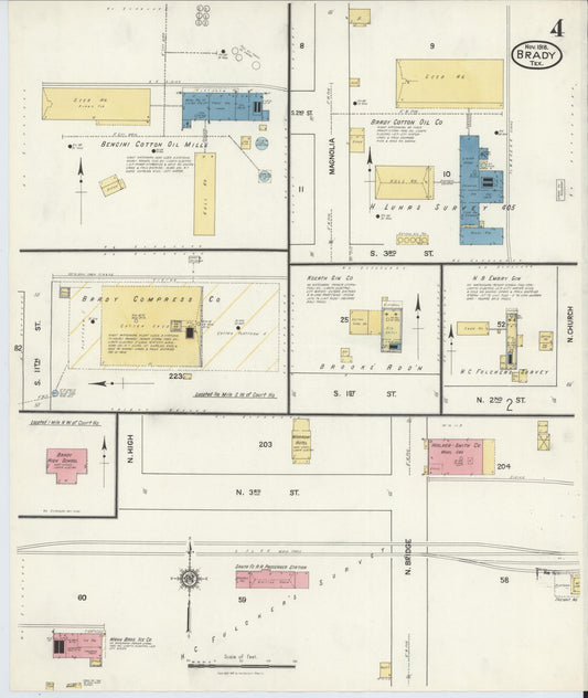 Sanborn Fire Insurance Map from Brady, McCulloch County, Texas (1916), Sheet #0004 - Historic Sanborn Fire Insurance Map Print, vintage old map wall art, antique decor, genealogy gift, Texas Texas map