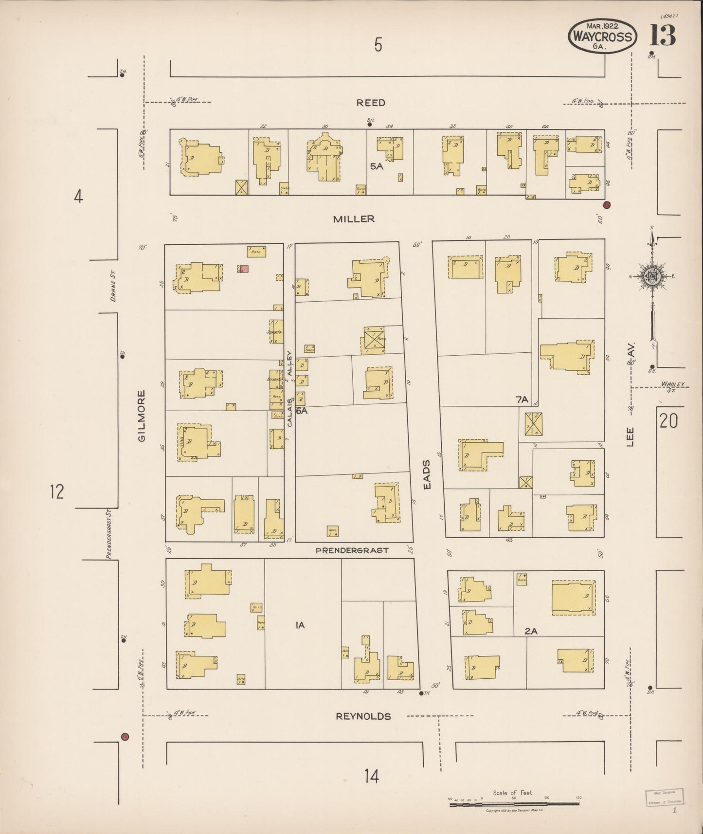 Sanborn Fire Insurance Map from Waycross, Ware County, Georgia (1922), Sheet #0013 - Complete Map Set gallery image, historic Sanborn map, vintage wall art, Georgia Georgia