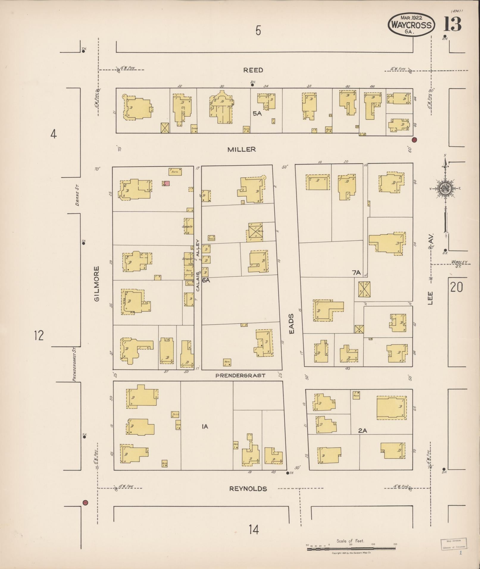 Sanborn Fire Insurance Map from Waycross, Ware County, Georgia (1922), Sheet #0013 - Complete Map Set gallery image, historic Sanborn map, vintage wall art, Georgia Georgia