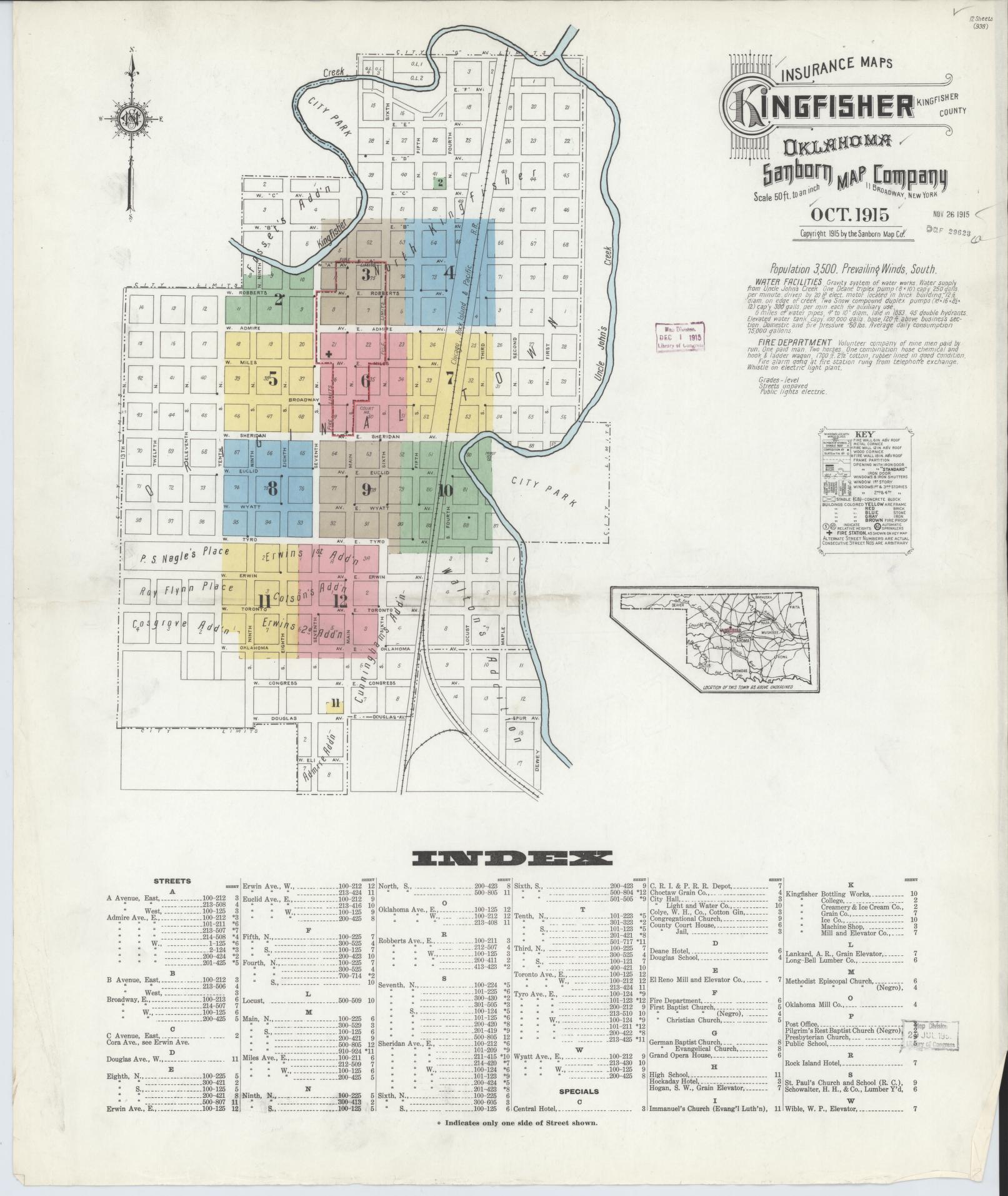 Sanborn Fire Insurance Map from Kingfisher, Kingfisher County, Oklahoma (1915), Sheet #0001 - Historic Sanborn Fire Insurance Map Print, vintage old map wall art, antique decor, genealogy gift, Oklahoma Oklahoma map