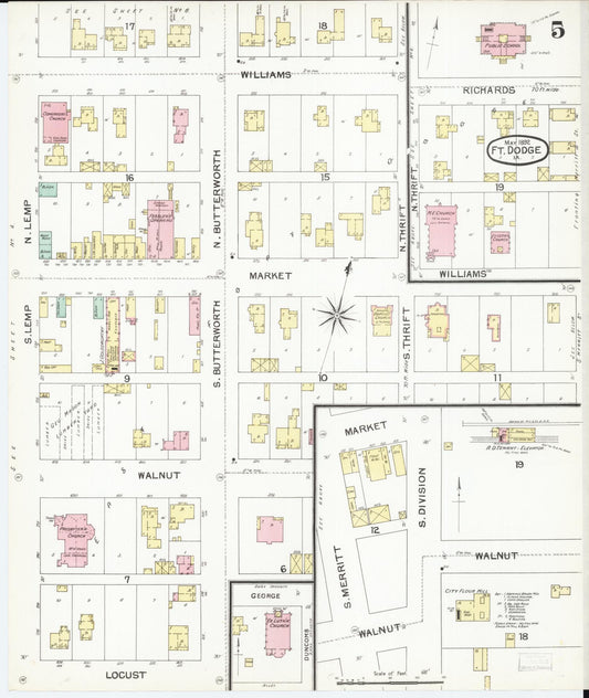 Sanborn Fire Insurance Map from Fort Dodge, Webster County, Iowa (1892), Sheet #0005 - Historic Sanborn Fire Insurance Map Print, vintage old map wall art