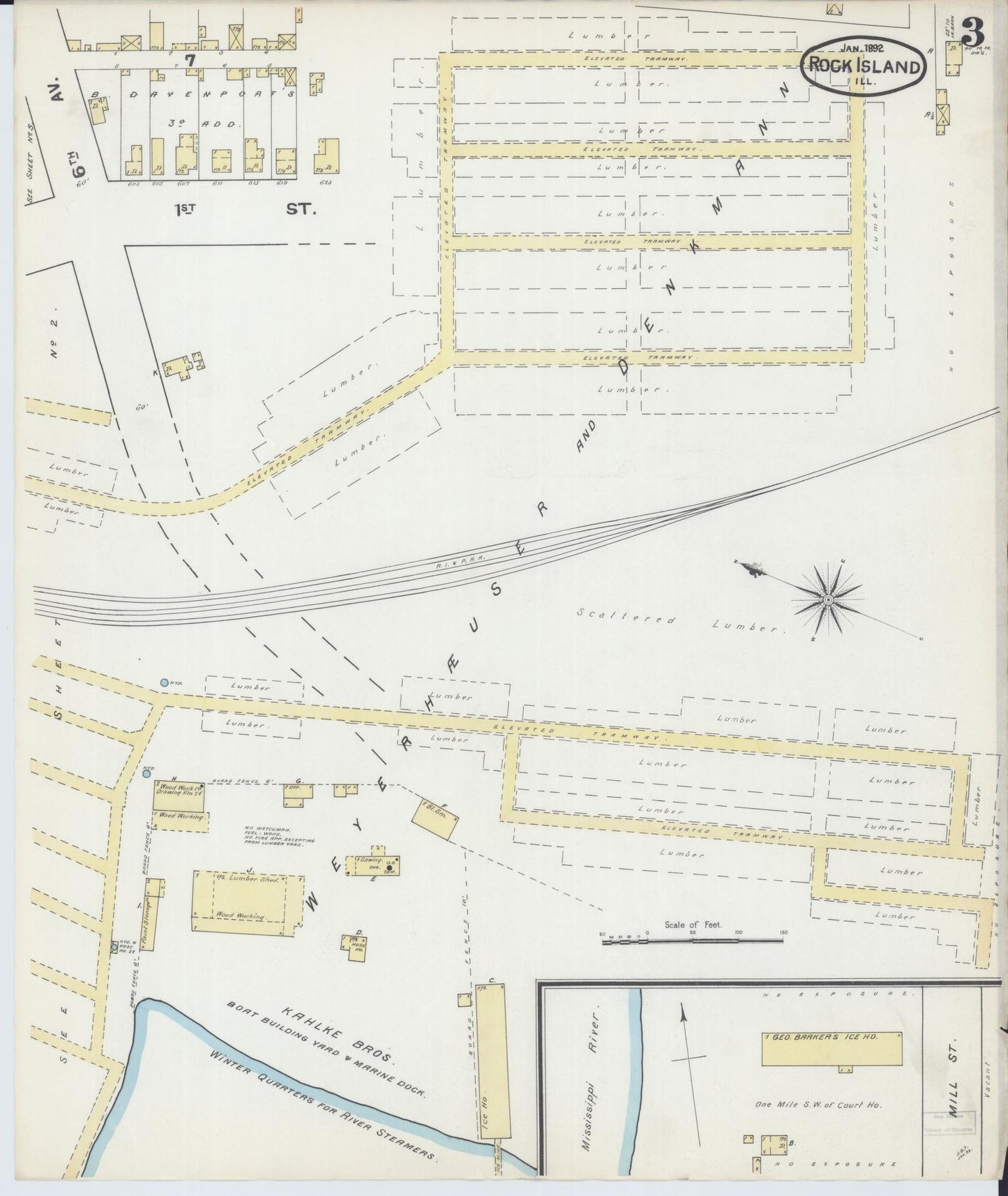 Sanborn Fire Insurance Map from Rock Island, Rock Island County, Illinois (1892), Sheet #0003 - Historic Sanborn Fire Insurance Map Print, vintage old map wall art, antique decor, genealogy gift, Illinois Illinois map