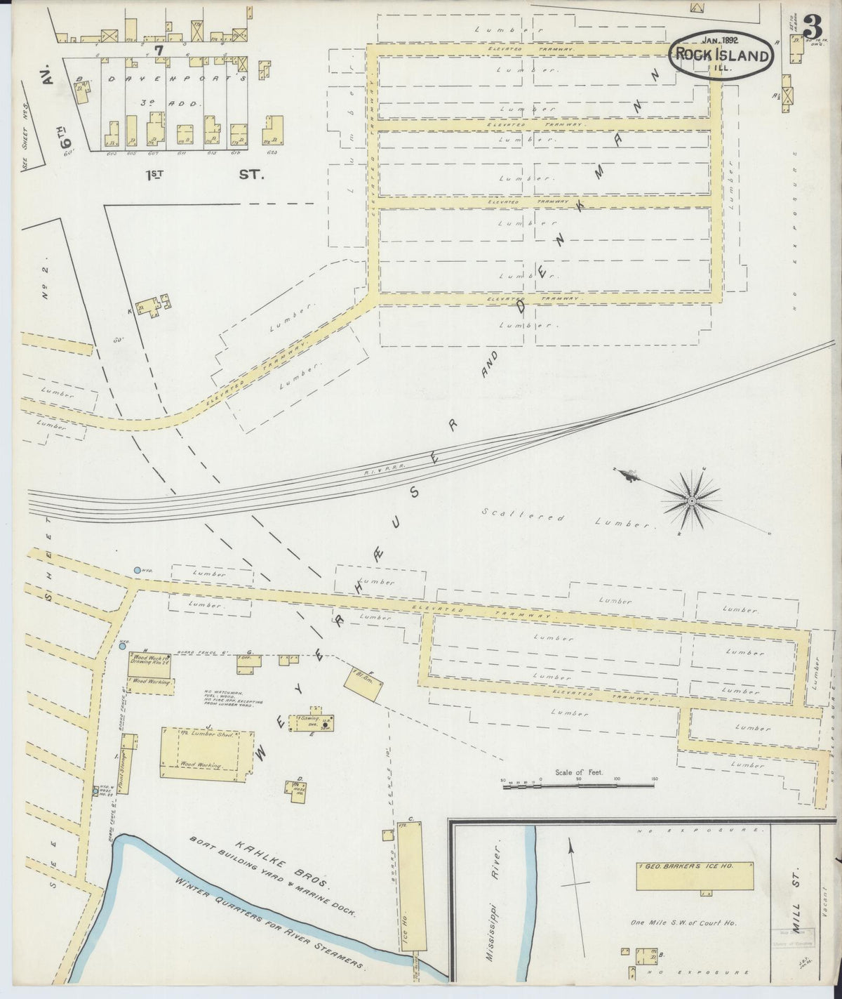 Sanborn Fire Insurance Map from Rock Island, Rock Island County, Illinois (1892), Sheet #0003 - Historic Sanborn Fire Insurance Map Print, vintage old map wall art, antique decor, genealogy gift, Illinois Illinois map