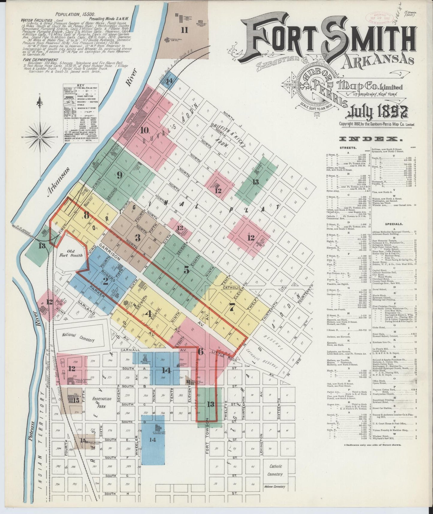 Sanborn Fire Insurance Map from Fort Smith, Sebastian County, Arkansas (1892), Sheet #0001 - Historic Sanborn Fire Insurance Map Print, vintage old map wall art, antique decor, genealogy gift, Arkansas Arkansas map