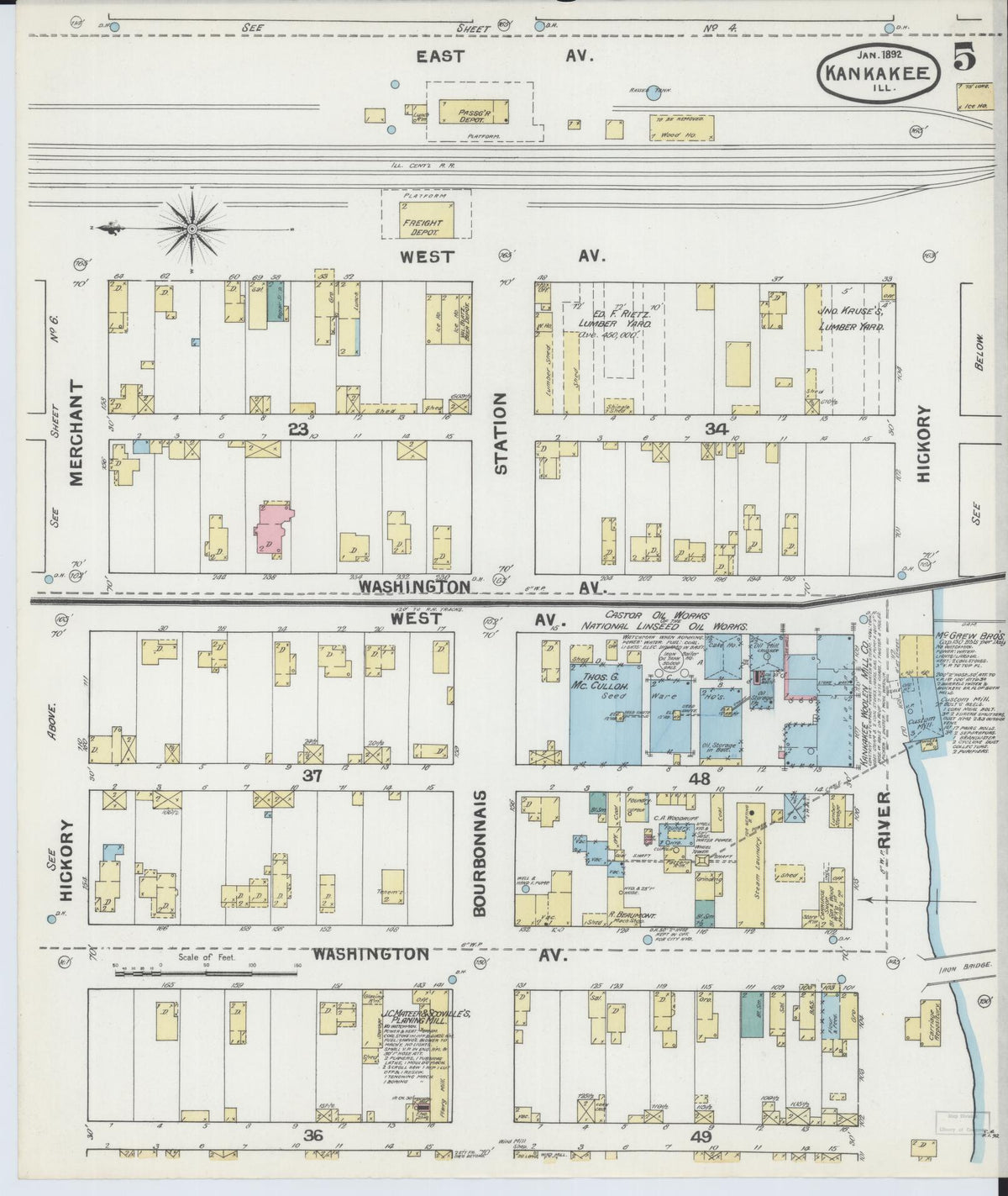 Sanborn Fire Insurance Map from Kankakee, Kankakee County, Illinois (1892), Sheet #0005 - Complete Map Set gallery image, historic Sanborn map, vintage wall art, Illinois Illinois