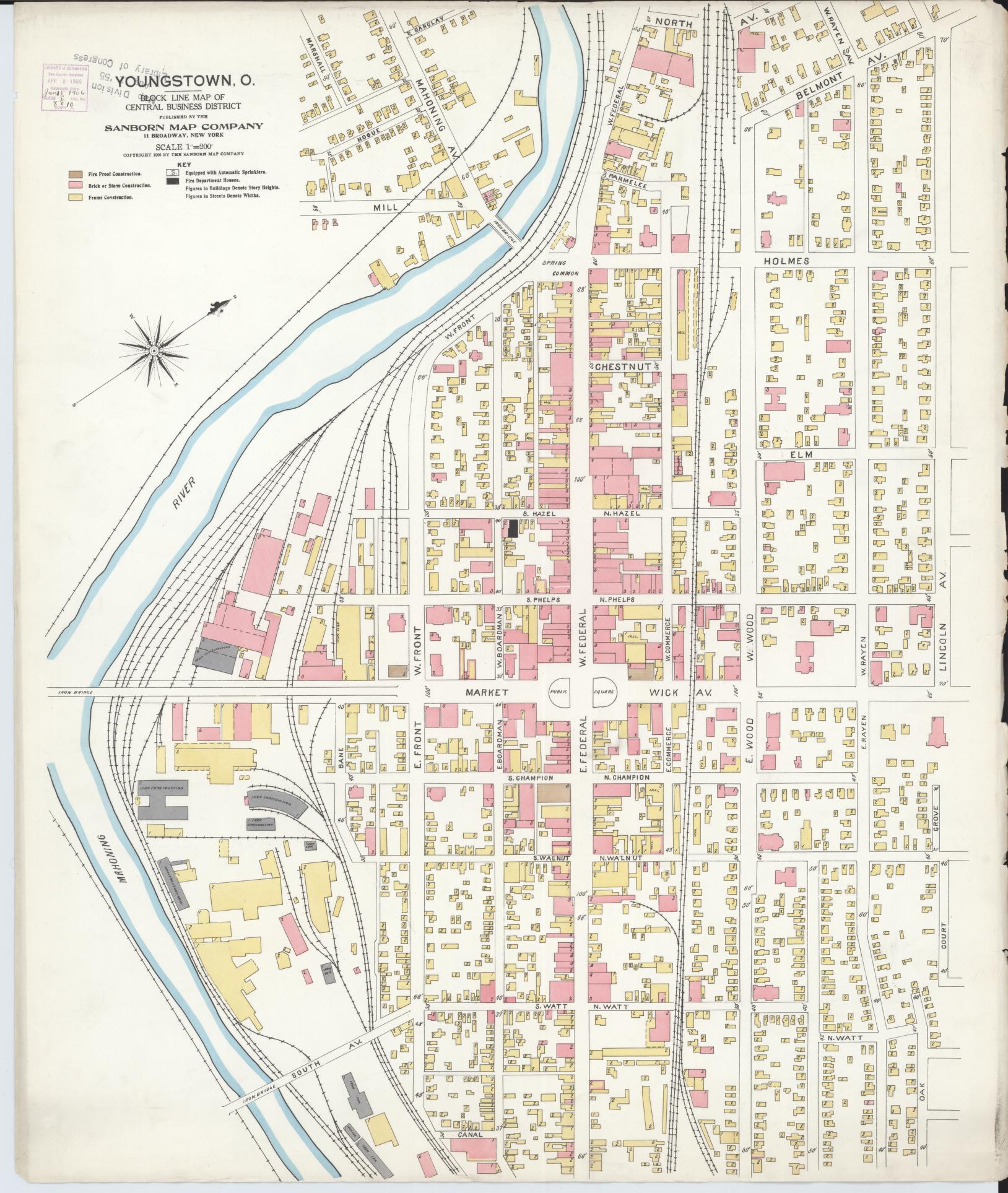 Sanborn Fire Insurance Map from Youngstown, Mahoning County, Ohio (1906), Sheet #0001 - Historic Sanborn Fire Insurance Map Print, vintage old map wall art, antique decor, genealogy gift, Ohio Ohio map