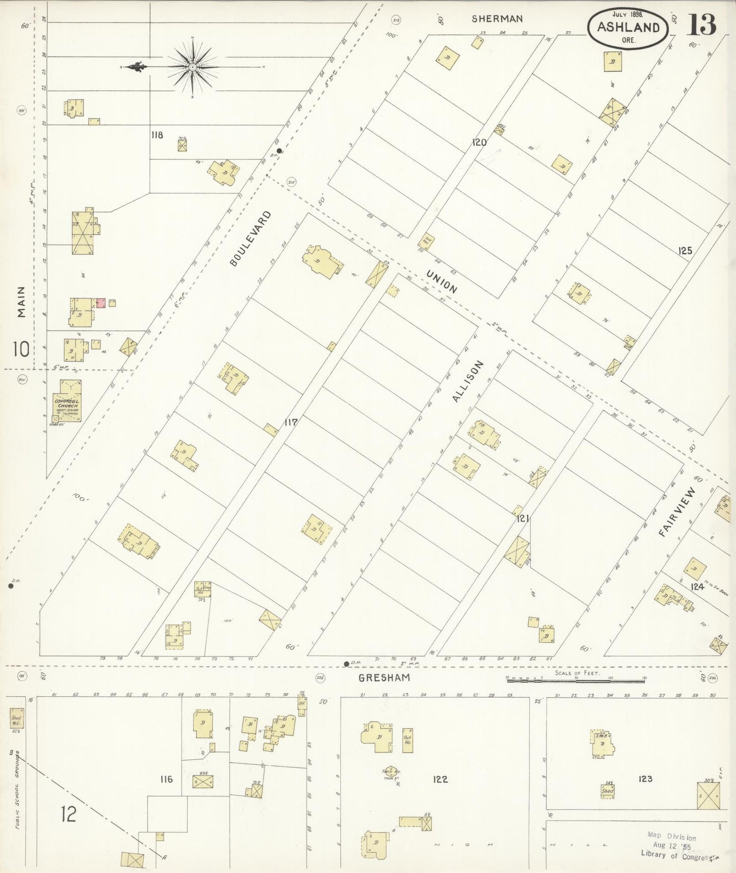 Sanborn Fire Insurance Map from Ashland, Jackson County, Oregon (1898), Sheet #0013 - Historic Sanborn Fire Insurance Map Print, vintage old map wall art, antique decor, genealogy gift, Oregon Oregon map