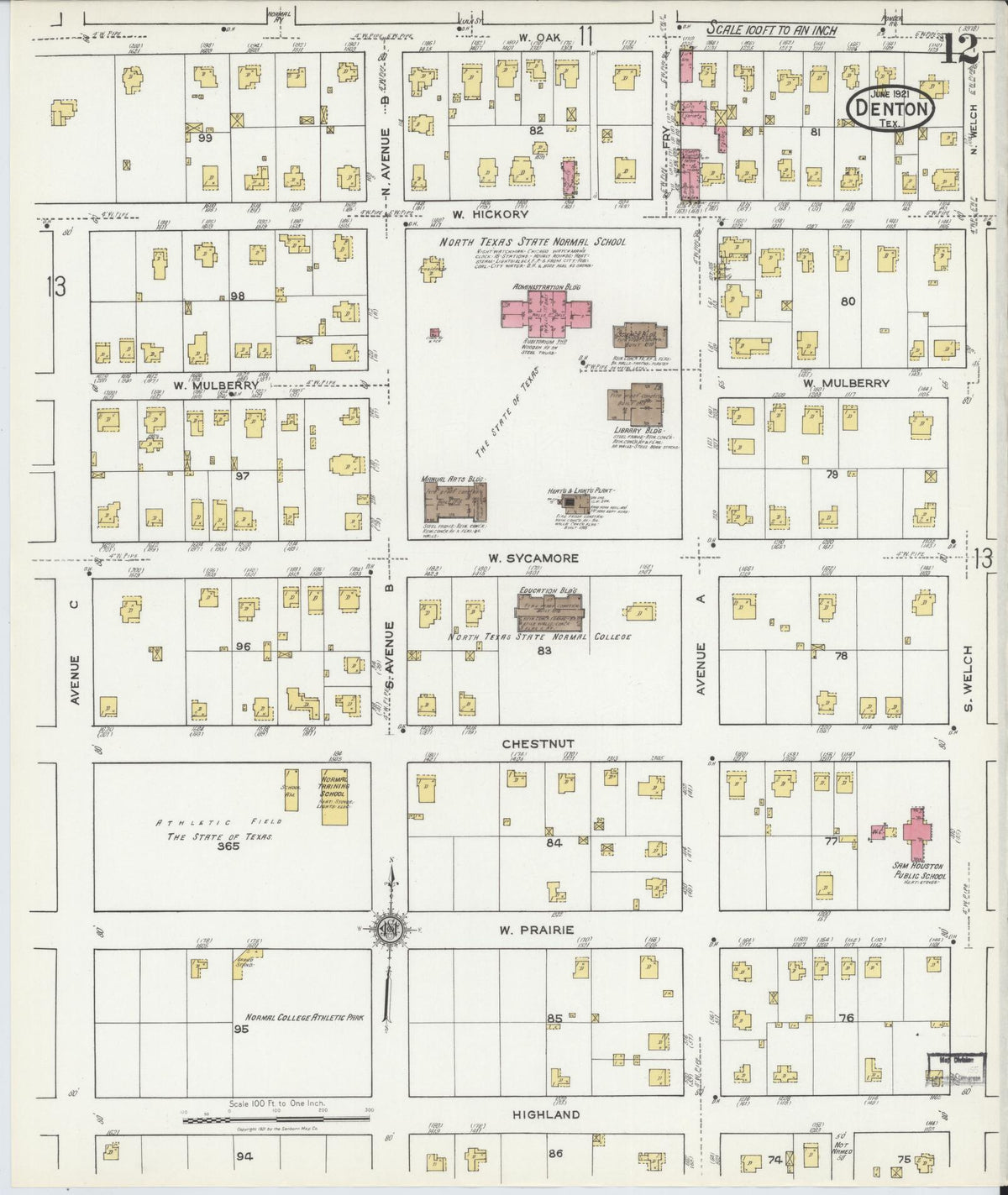 Sanborn Fire Insurance Map from Denton, Denton County, Texas (1921), Sheet #0012 - Historic Sanborn Fire Insurance Map Print, vintage old map wall art, antique decor, genealogy gift, Texas Texas map