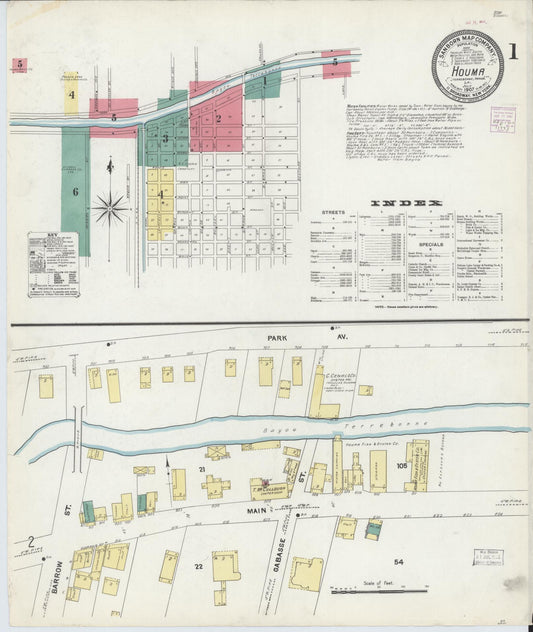 Sanborn Fire Insurance Map from Houma, Terrebonne Parish, Louisiana (1907), Sheet #0001 - Historic Sanborn Fire Insurance Map Print, vintage old map wall art, antique decor, genealogy gift, Louisiana Louisiana map