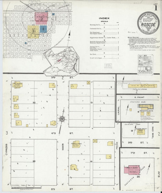 Sanborn Fire Insurance Map from Roscoe, Nolan County, Texas (1921), Sheet #0001 - Historic Sanborn Fire Insurance Map Print, vintage old map wall art, antique decor, genealogy gift, Texas Texas map