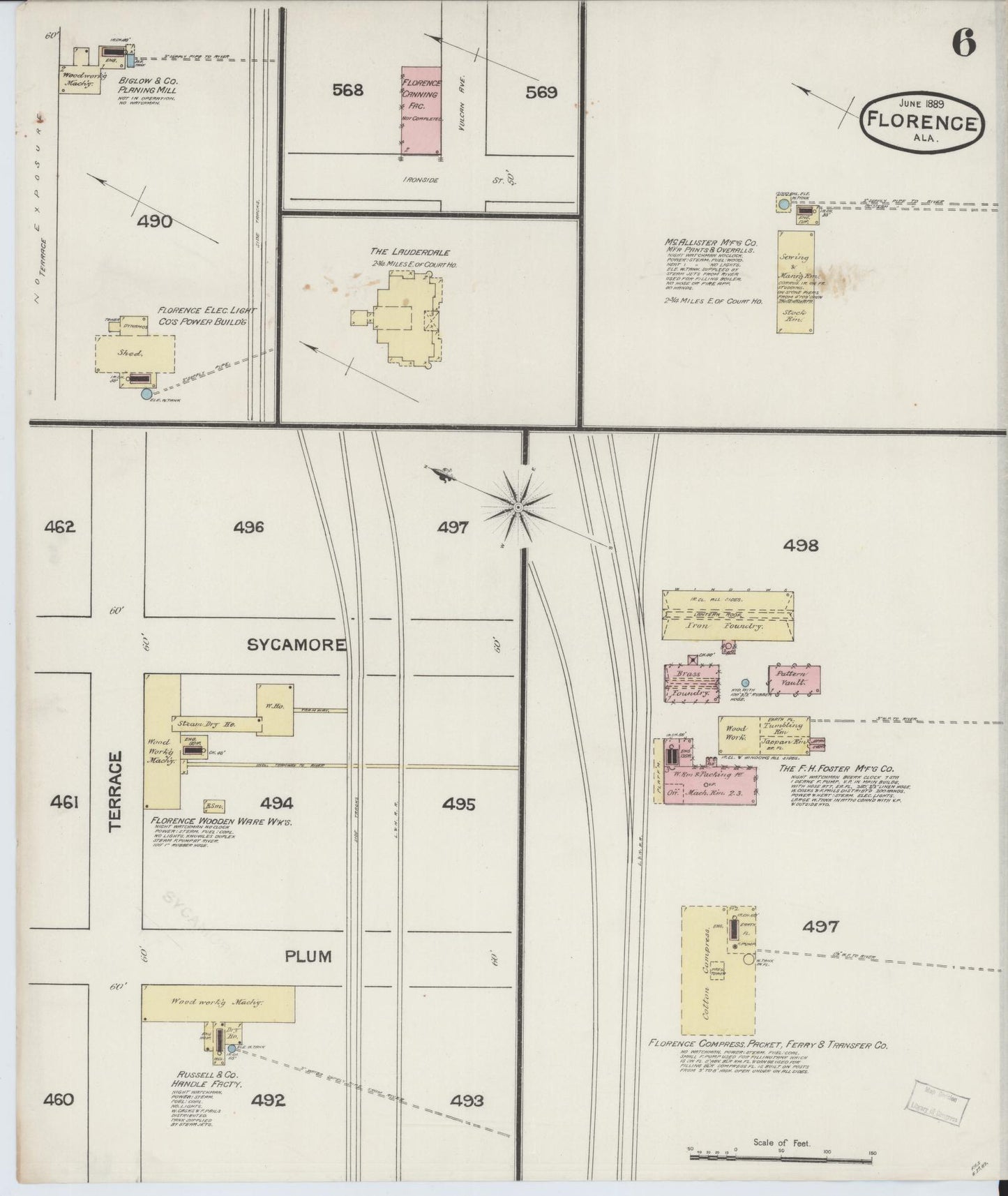 Sanborn Fire Insurance Map from Florence, Lauderdale County, Alabama (1889), Sheet #0006 - Historic Sanborn Fire Insurance Map Print, vintage old map wall art, antique decor, genealogy gift, Alabama Alabama map