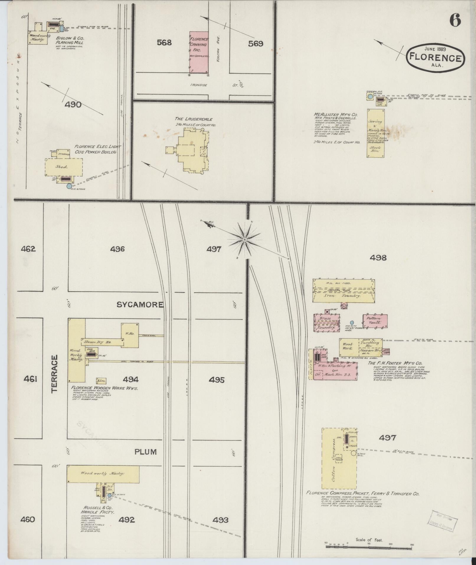 Sanborn Fire Insurance Map from Florence, Lauderdale County, Alabama (1889), Sheet #0006 - Historic Sanborn Fire Insurance Map Print, vintage old map wall art, antique decor, genealogy gift, Alabama Alabama map
