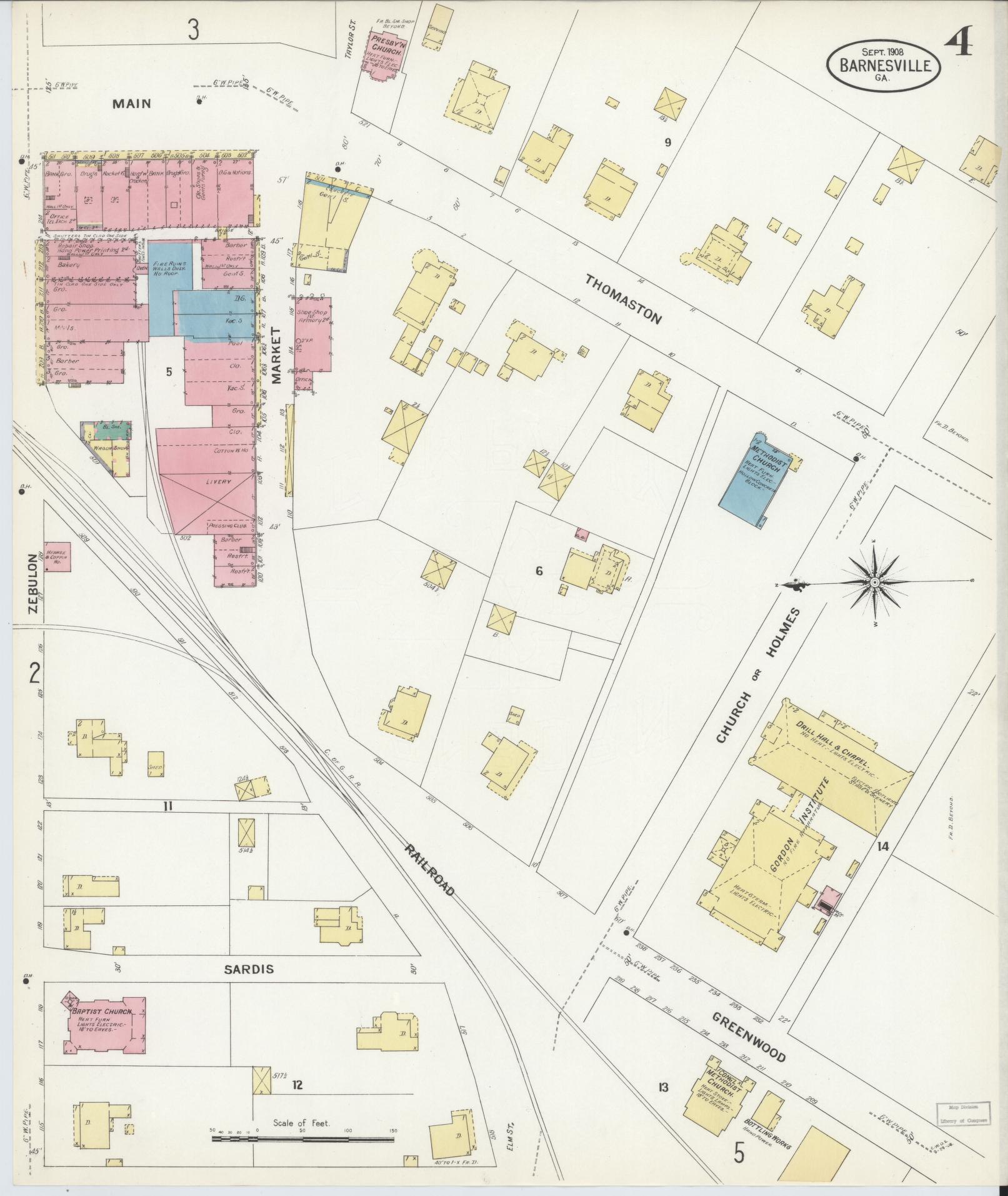 Sanborn Fire Insurance Map from Barnesville, Lamar County, Georgia (1908), Sheet #0004 - Complete Map Set gallery image, historic Sanborn map, vintage wall art, Georgia Georgia