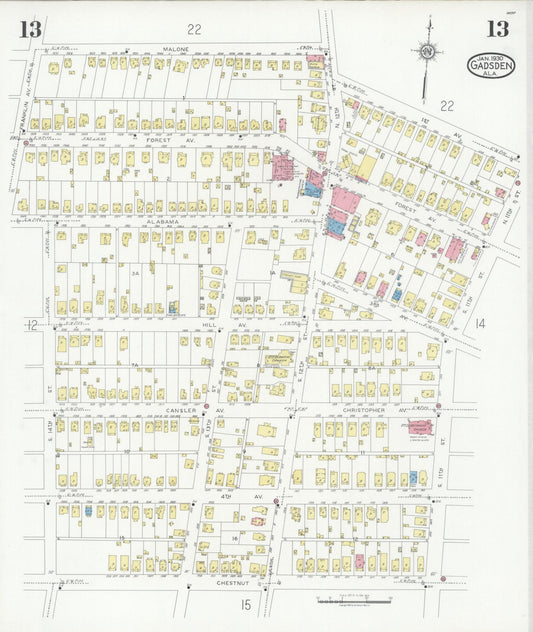 Sanborn Fire Insurance Map from Gadsden, Etowah County, Alabama (1930), Sheet #0013 - Historic Sanborn Fire Insurance Map Print, vintage old map wall art, antique decor, genealogy gift, Alabama Alabama map