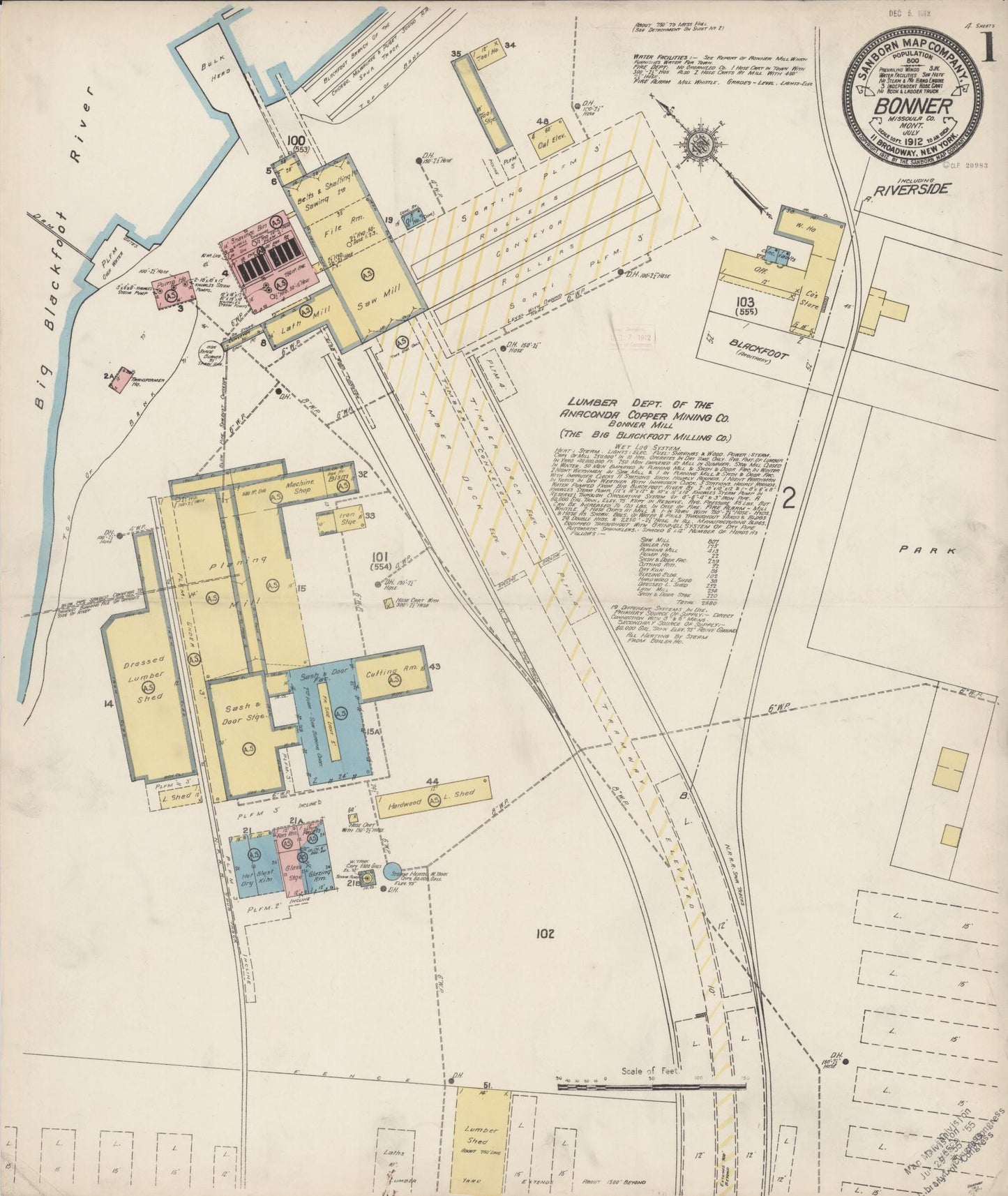 Sanborn Fire Insurance Map from Bonner, Missoula County, Montana (1912), Sheet #0001 - Historic Sanborn Fire Insurance Map Print, vintage old map wall art, antique decor, genealogy gift, Montana Montana map
