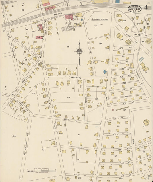 Sanborn Fire Insurance Map from Greer, Greenville and Spartanburg Counties, South Carolina (1922), Sheet #0004 - Historic Sanborn Fire Insurance Map Print, vintage old map wall art, antique decor, genealogy gift, South Carolina South Carolina map