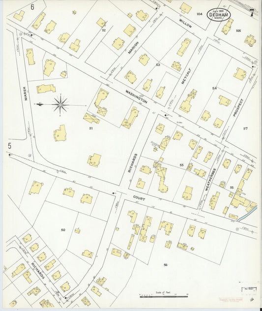 Sanborn Fire Insurance Map from Dedham, Norfolk County, Massachusetts (1909), Sheet #0007 - Historic Sanborn Fire Insurance Map Print, vintage old map wall art, antique decor, genealogy gift, Massachusetts Massachusetts map