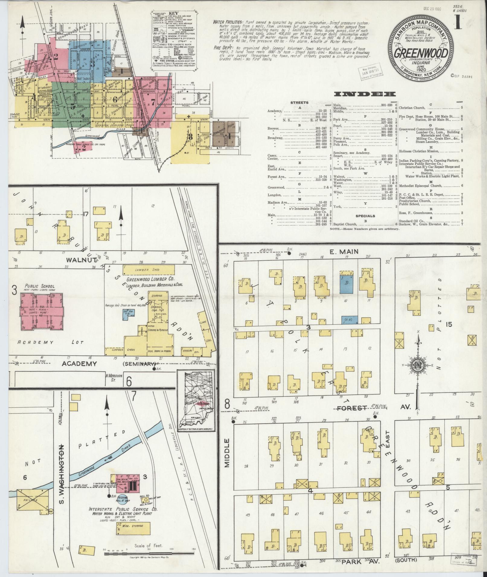 Sanborn Fire Insurance Map from Greenwood, Johnson County, Indiana (1920), Sheet #0001 - Complete Map Set gallery image, historic Sanborn map, vintage wall art, Indiana Indiana