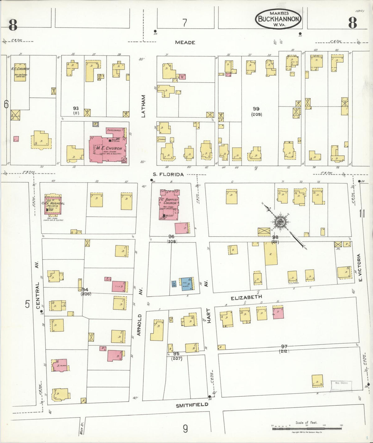 Sanborn Fire Insurance Map from Buckhannon, Upshur County, West Virginia (1923), Sheet #0008 - Historic Sanborn Fire Insurance Map Print, vintage old map wall art, antique decor, genealogy gift, West Virginia West Virginia map