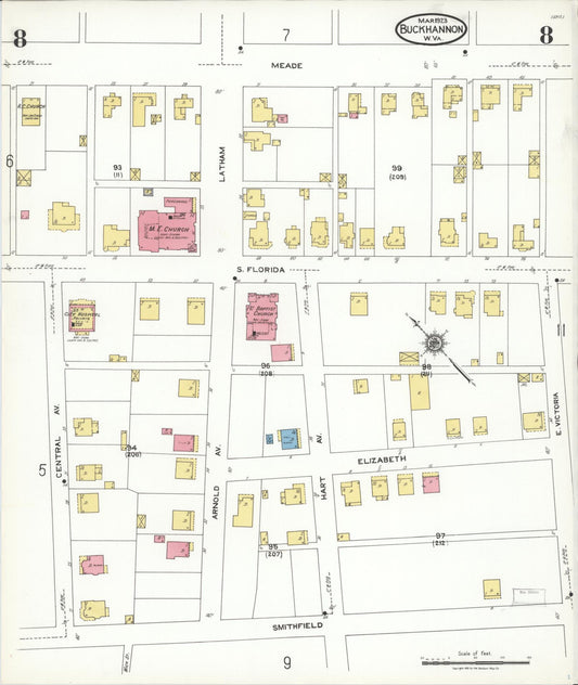 Sanborn Fire Insurance Map from Buckhannon, Upshur County, West Virginia (1923), Sheet #0008 - Historic Sanborn Fire Insurance Map Print, vintage old map wall art, antique decor, genealogy gift, West Virginia West Virginia map