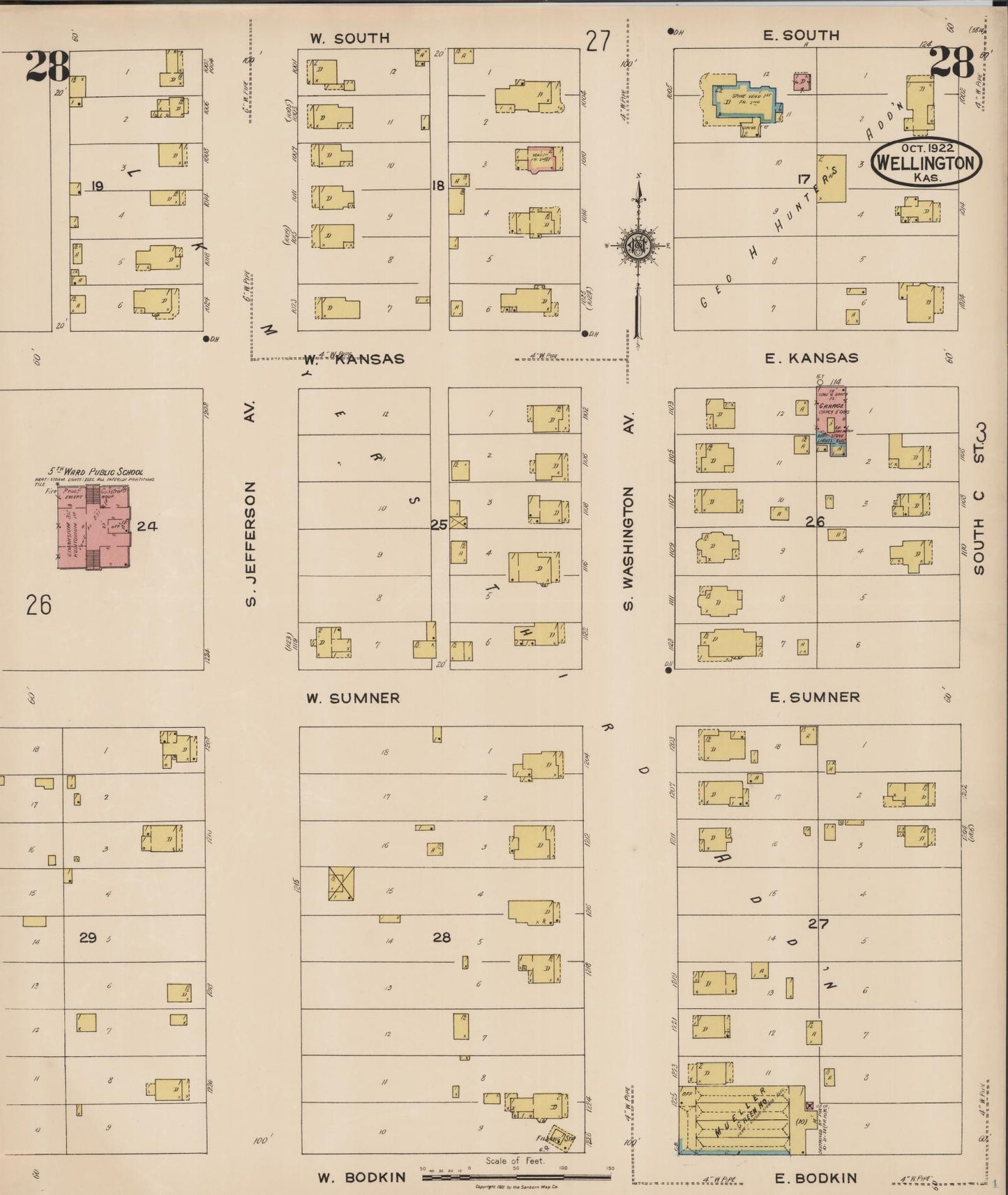 Sanborn Fire Insurance Map from Wellington, Sumner County, Kansas (1922), Sheet #0028 - Historic Sanborn Fire Insurance Map Print, vintage old map wall art, antique decor, genealogy gift, Kansas Kansas map