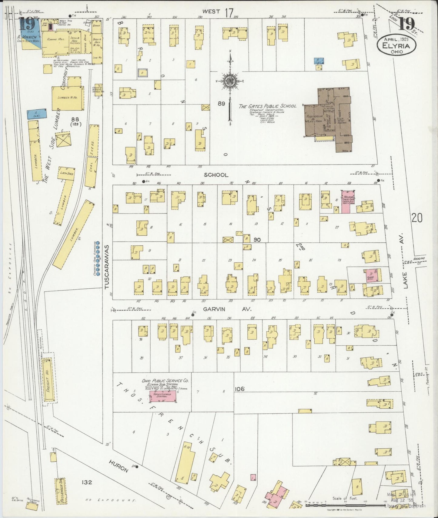 Sanborn Fire Insurance Map from Elyria, Lorain County, Ohio (1925), Sheet #0019 - Historic Sanborn Fire Insurance Map Print, vintage old map wall art, antique decor, genealogy gift, Ohio Ohio map