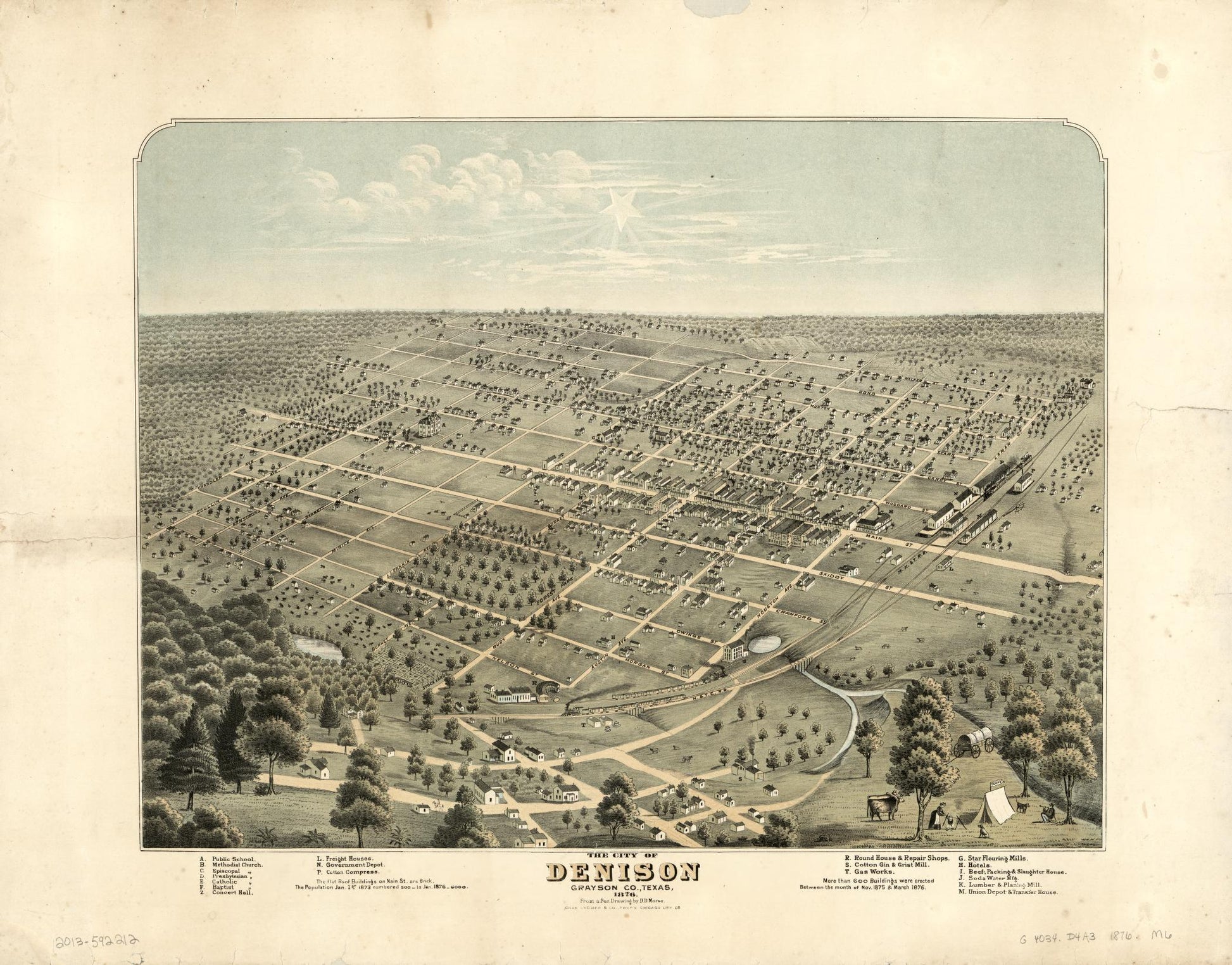 The city of Denison, Grayson Co., Texas, 1876 (1876) – Historic Bird’s-Eye View Panorama Print