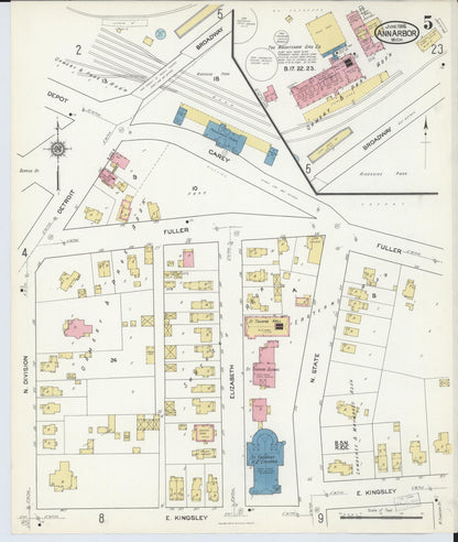 Sanborn Fire Insurance Map from Ann Arbor, Washtenaw County, Michigan (1916), Sheet #0005 - Complete Map Set gallery image, historic Sanborn map, vintage wall art, Michigan Michigan