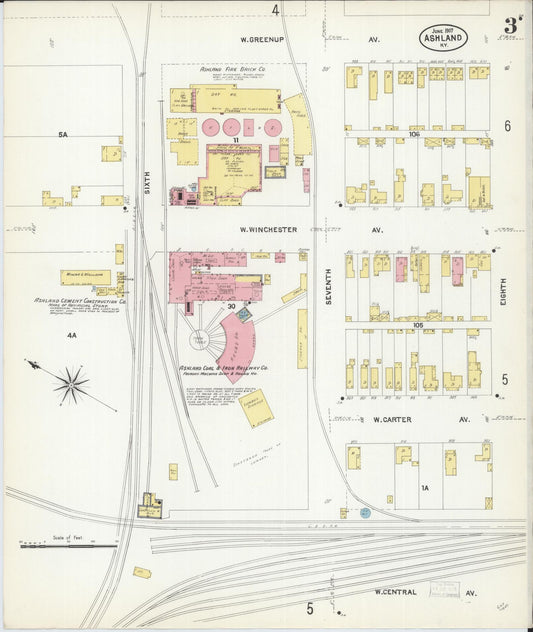 Sanborn Fire Insurance Map from Ashland, Boyd County, Kentucky (1907), Sheet #0003 - Historic Sanborn Fire Insurance Map Print, vintage old map wall art, antique decor, genealogy gift, Kentucky Kentucky map