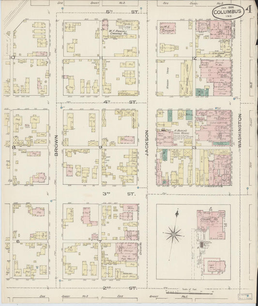 Sanborn Fire Insurance Map from Columbus, Bartholomew County, Indiana (1886), Sheet #0004 - Historic Sanborn Fire Insurance Map Print, vintage old map wall art, antique decor, genealogy gift, Indiana Indiana map