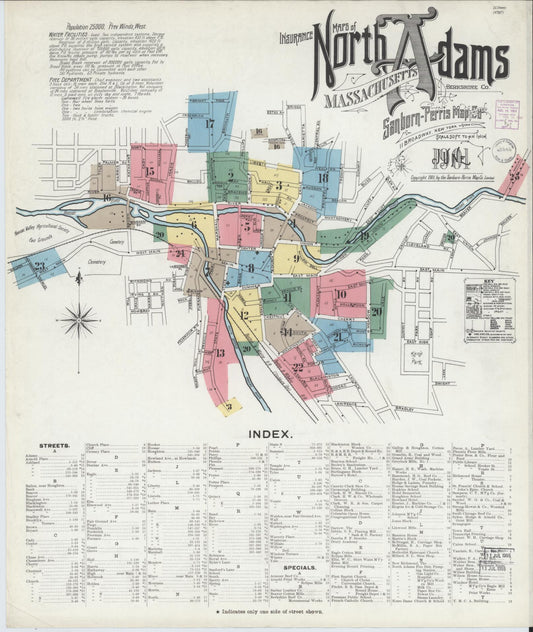 Sanborn Fire Insurance Map from North Adams, Berkshire County, Massachusetts (1901), Sheet #0001 - Historic Sanborn Fire Insurance Map Print, vintage old map wall art, antique decor, genealogy gift, Massachusetts Massachusetts map