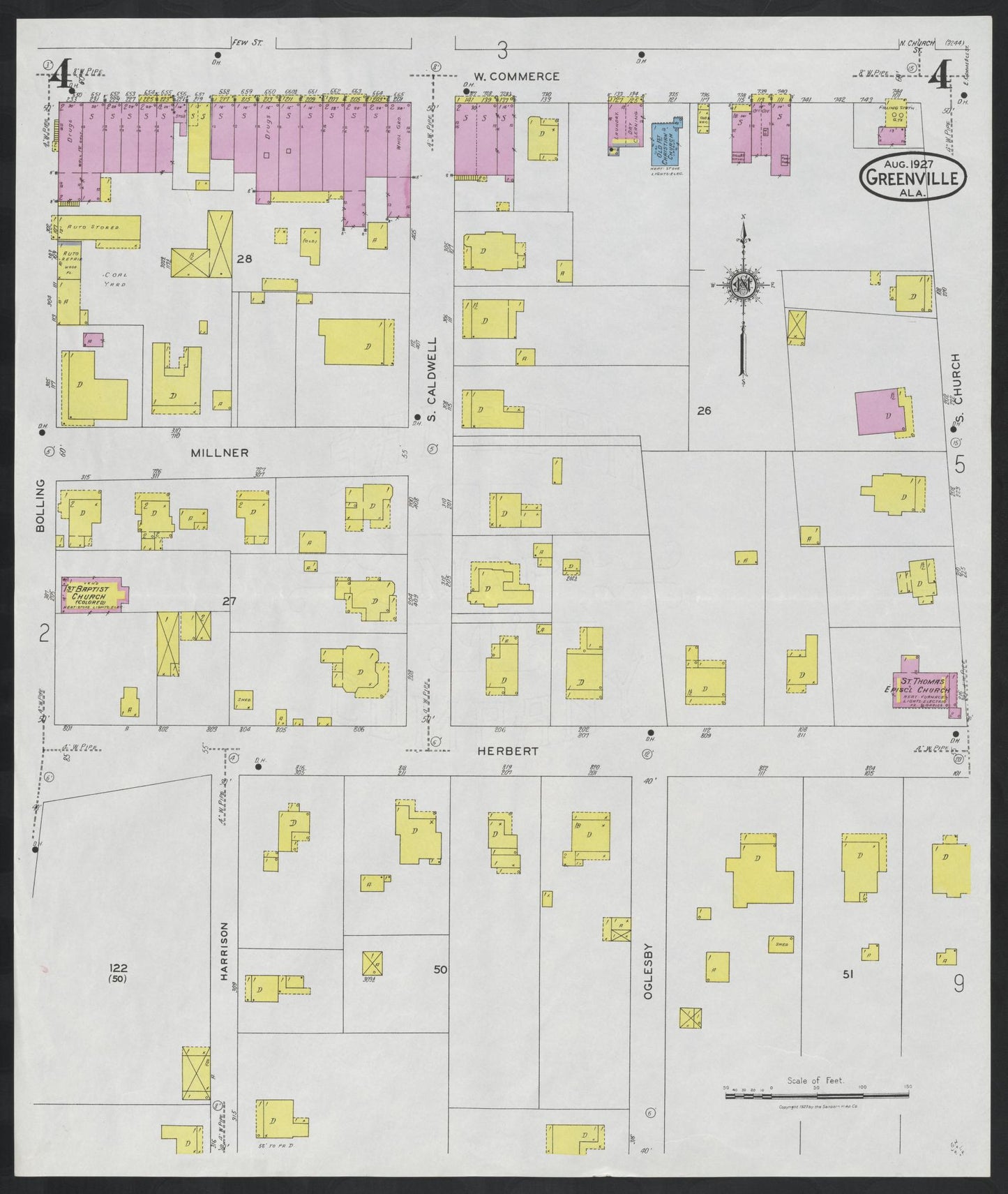 Sanborn Fire Insurance Map from Greenville, Butler County, Alabama (1927), Sheet #0004 - Complete Map Set gallery image, historic Sanborn map, vintage wall art, Alabama Alabama