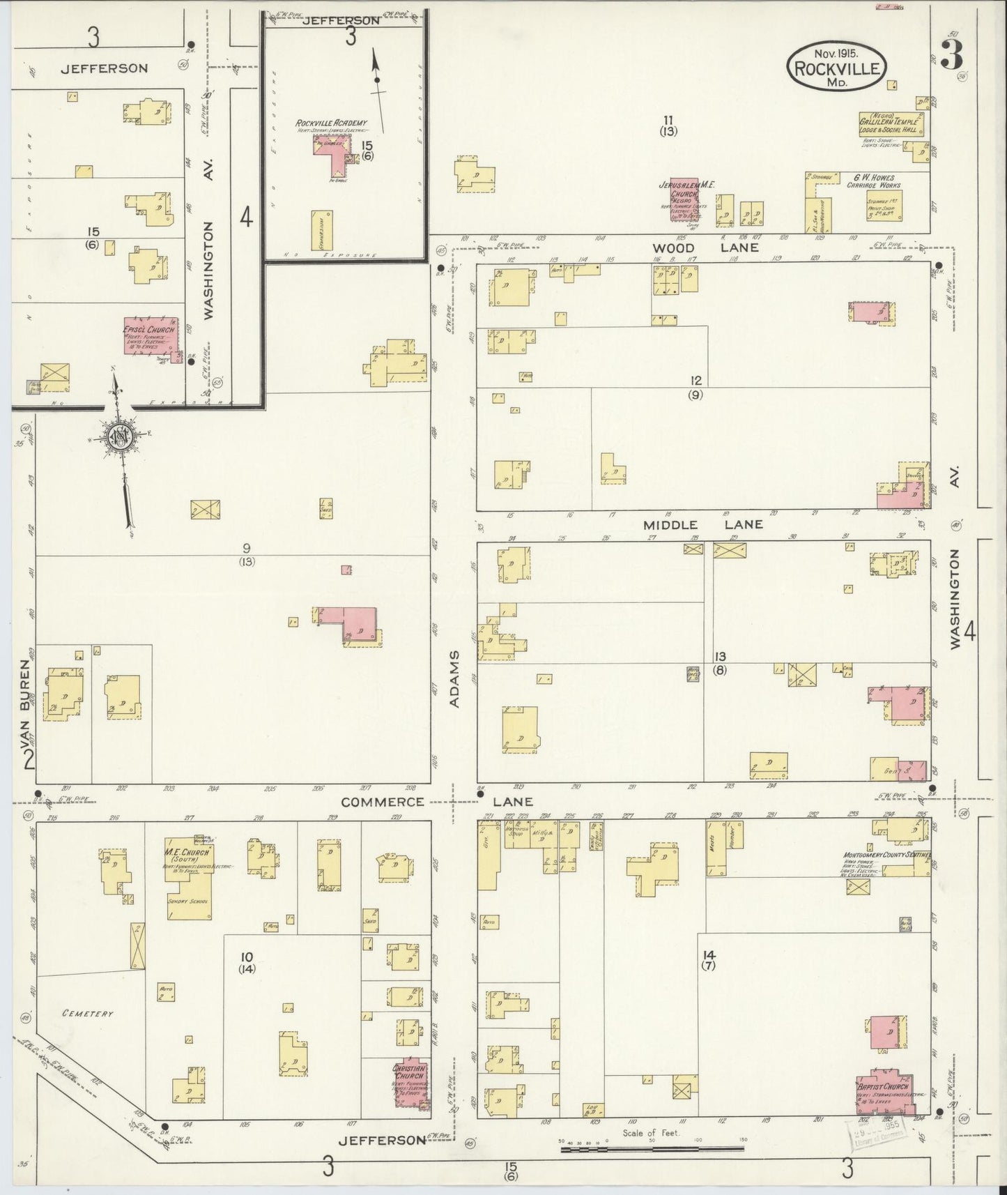 Sanborn Fire Insurance Map from Rockville, Montgomery County, Maryland (1915), Sheet #0003 - Complete Map Set gallery image, historic Sanborn map, vintage wall art, Maryland Maryland