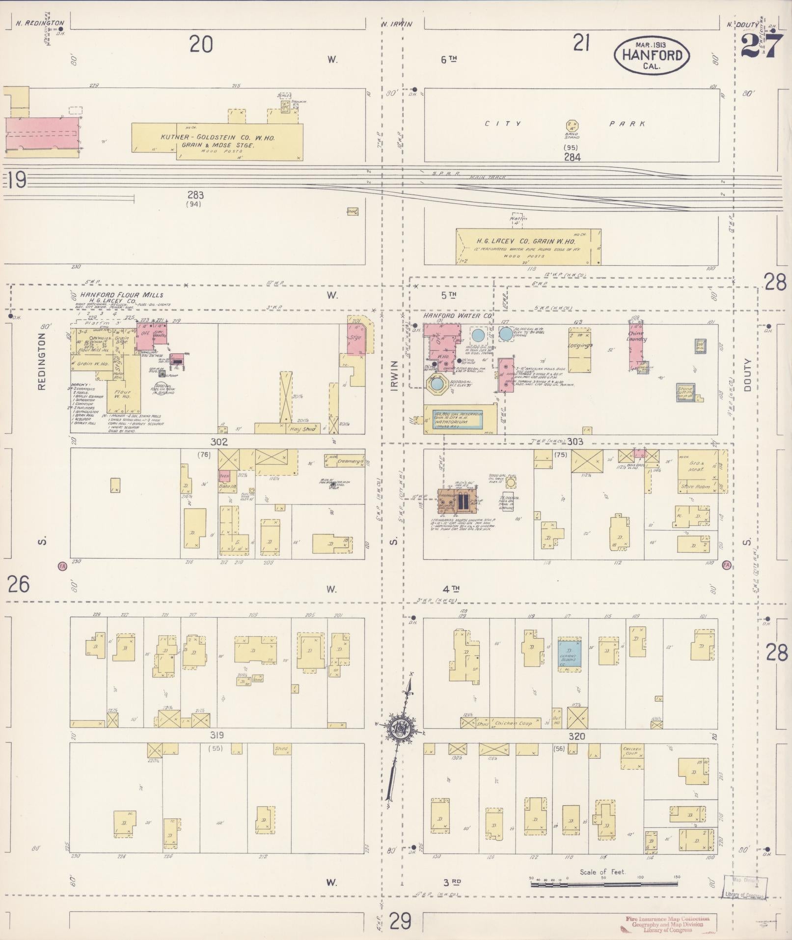 Sanborn Fire Insurance Map from Hanford, Kings County, California (1913), Sheet #0027 - Historic Sanborn Fire Insurance Map Print, vintage old map wall art, antique decor, genealogy gift, California California map