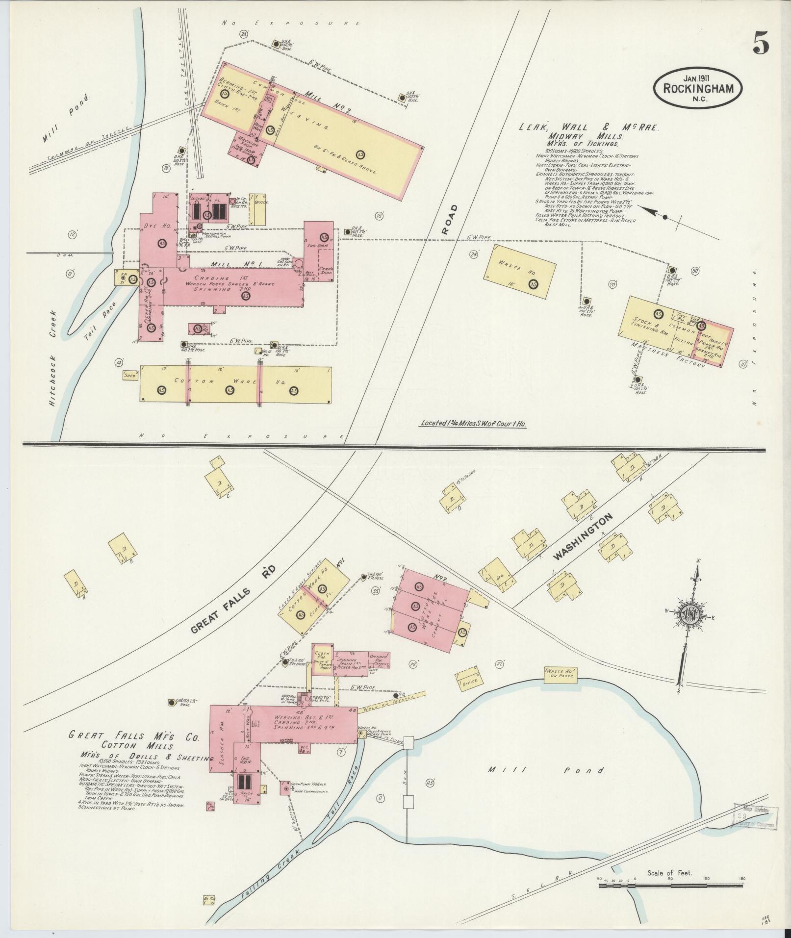 Sanborn Fire Insurance Map from Rockingham, Richmond County, North Carolina (1911), Sheet #0005 - Historic Sanborn Fire Insurance Map Print, vintage old map wall art, antique decor, genealogy gift, North Carolina North Carolina map