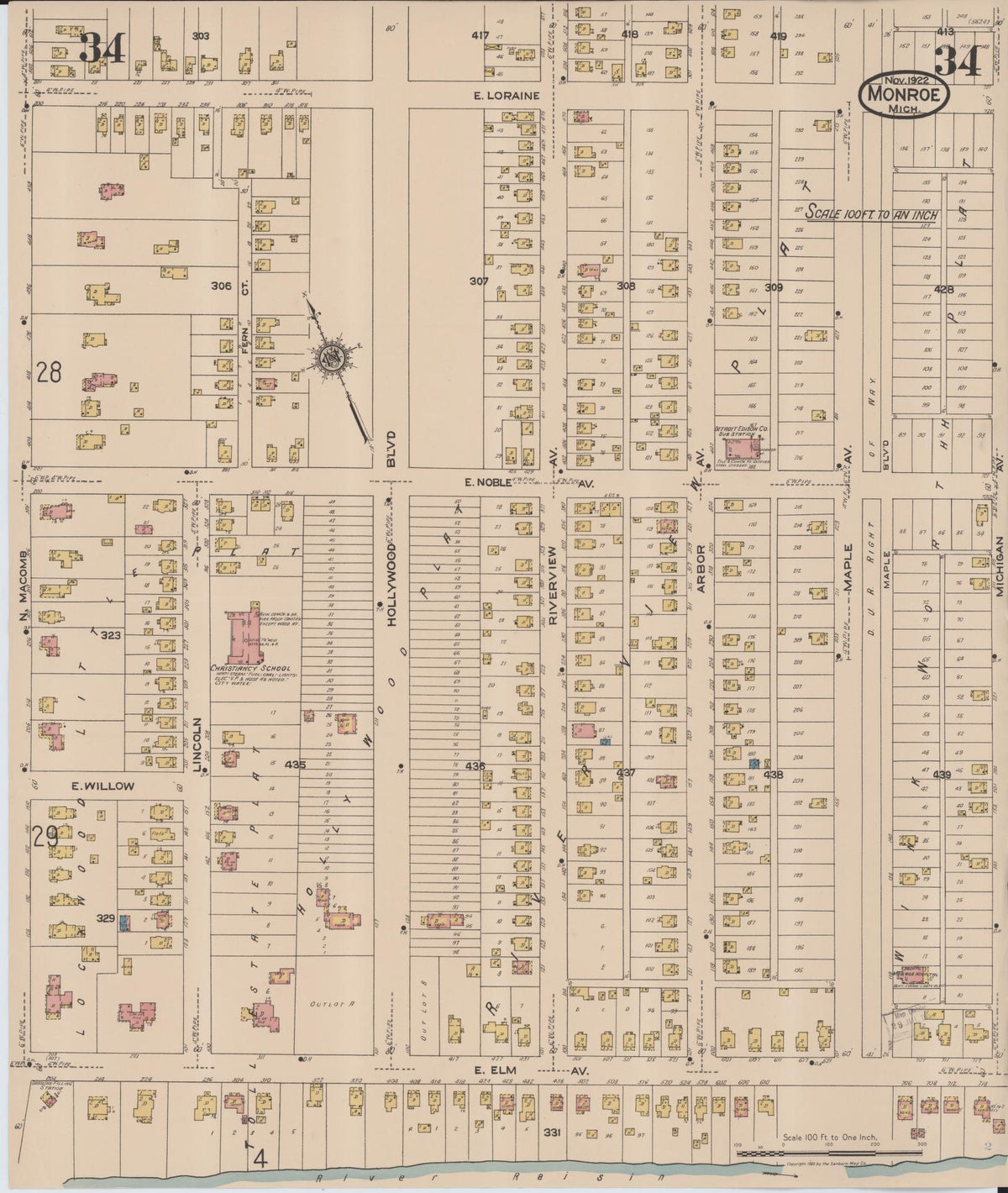 Sanborn Fire Insurance Map from Monroe, Monroe County, Michigan (1922), Sheet #0034 - Historic Sanborn Fire Insurance Map Print, vintage old map wall art, antique decor, genealogy gift, Michigan Michigan map