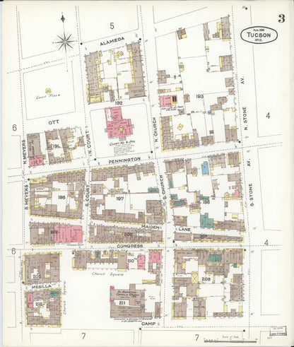 Sanborn Fire Insurance Map from Tucson, Pima County, Arizona (1896), Sheet #0003 - Complete Map Set gallery image, historic Sanborn map, vintage wall art, Arizona Arizona